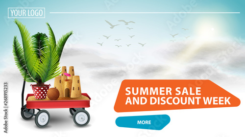 Summer sale and discount week, clickable web banner for your website with a beautiful cloud background, garden cart with sand, sand castle and potted palm