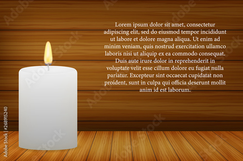 Realistic burning candle on dark wooden background. Vector stock illustration.