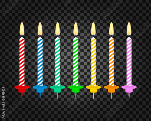 Candles with burning flames of wax paraffin. Birthday cake candles. Vector stock illustration.