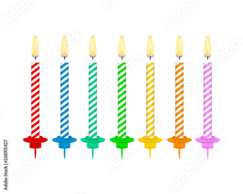 Candles with burning flames of wax paraffin. Birthday cake candles. Vector stock illustration.
