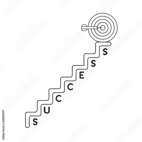 Vector icon concept of bulls eye and dart in the center at top of success stairs.