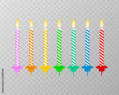 Candles with burning flames of wax paraffin. Birthday cake candles. Vector stock illustration.