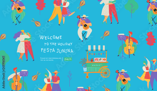 Festa Junina, Vector illustrations for poster, abstract banner, background or card for the brazilian holiday, festival, party and event, drawings of dancing cheerful people, musicians and market