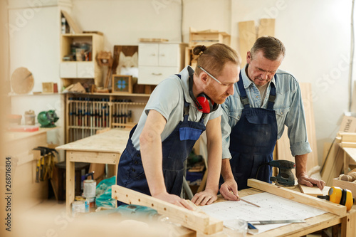 Portrait of senior carpenter teaching apprentice  while working together  in joinery workshop, copy space © Seventyfour