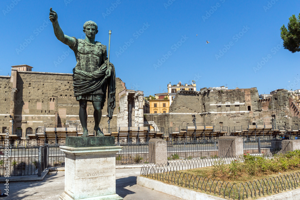 Amazing view of Augustus Forum and statue in city of Rome, Italy