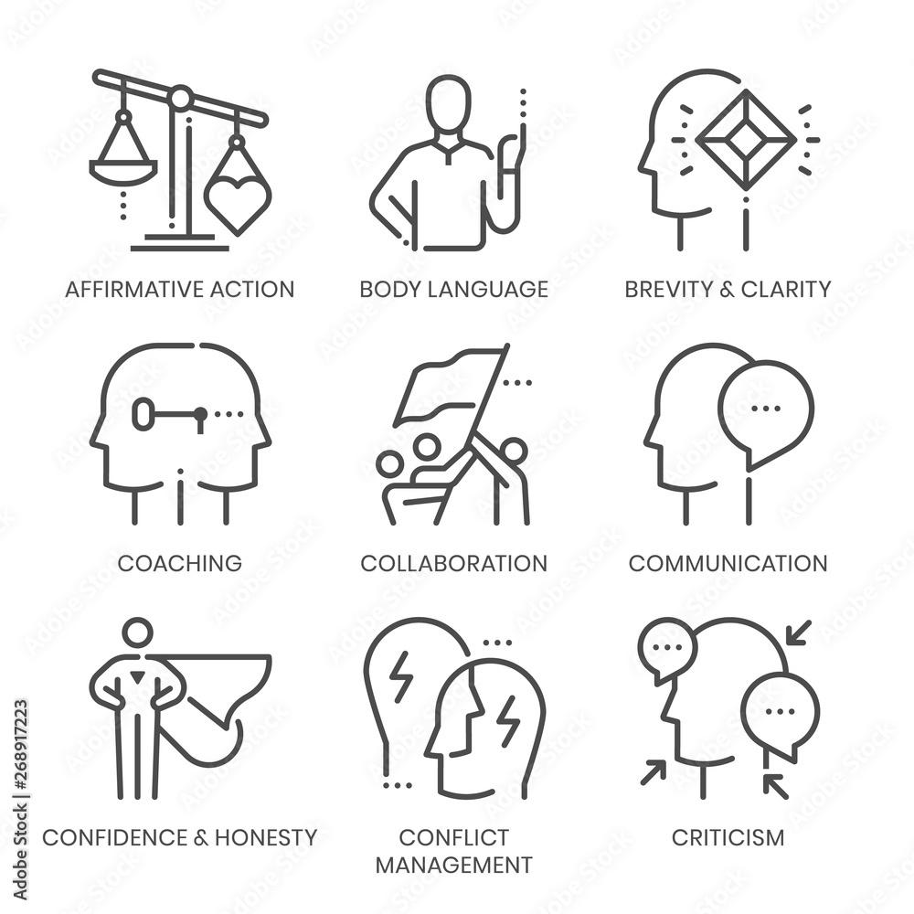 Communication skills related, square line vector icon set for ...