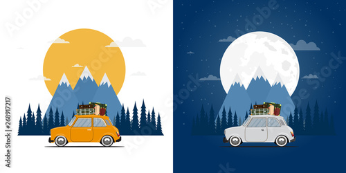 Travel by car. Road trip. Time to travel, tourism, summer holiday, day and night. Flat design vector illustration