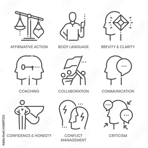 Communication skills related, square line vector icon set for applications and website development. The icon set is pixelperfect with 64x64 grid. Crafted with precision and eye for quality.