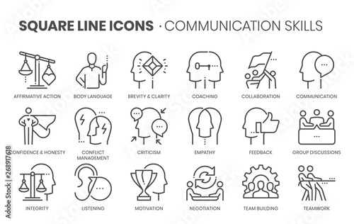 Communication skills related, square line vector icon set for applications and website development. The icon set is pixelperfect with 64x64 grid. Crafted with precision and eye for quality.