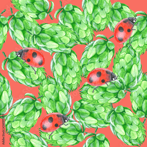 Hop cones and lady bugs seamless pattern on red background, acrylic painted © lipchania