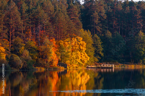 Silence at the forest lake at sunset, with reflection of forest on a water smooth surface, Russia, Mari El