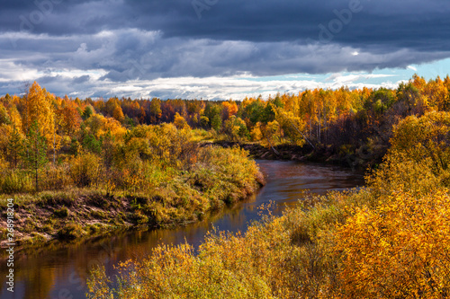 Autumn at the forest river in sunny day, Rutka river, Mari El, Russia