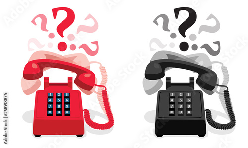 Ringing stationary retro phone with button keypad and with question marks