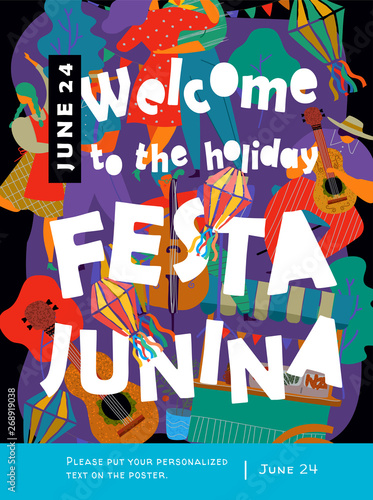 Festa Junina, Vector illustrations for poster, abstract banner, background or card for the brazilian holiday, festival, party and event, drawings of dancing cheerful people, musicians and shops