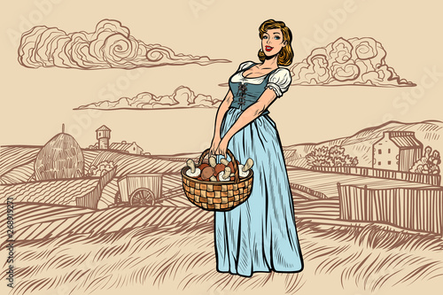 village woman with a basket of mushrooms. engraving effect