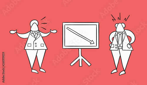 Hand-drawn vector businessman worker showing sales chart arrow moving down and boss is angry
