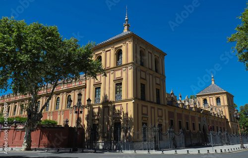 Baroque facade of the Palace of San Telmo in Seville at night, Spain.