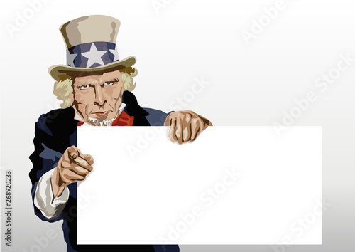 Concept du leadership américain avec le portrait de l’Oncle Sam présentant une panneau blanc pour inscrire et faire passer un message. 