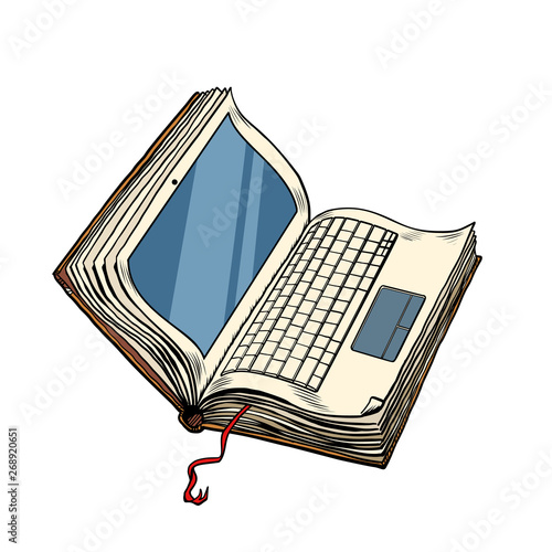 book laptop electronic library, online education isolate on white background