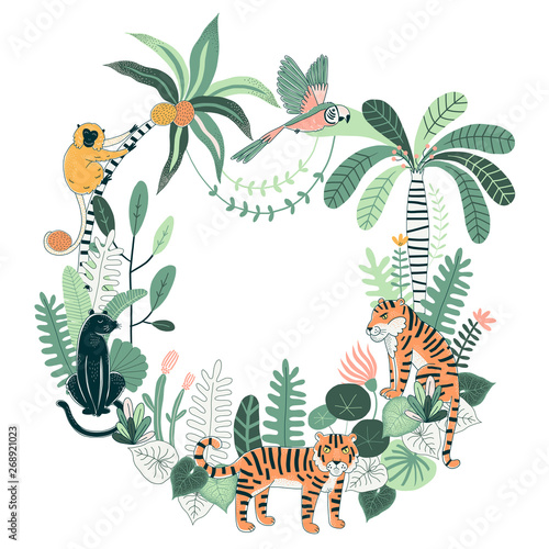 Exotic Tropical wildlife frame illustration with Tiger Panther Leopard Monkey Parrot Palm trees plants Rainforest nature inspired summer background for lettering quote writing