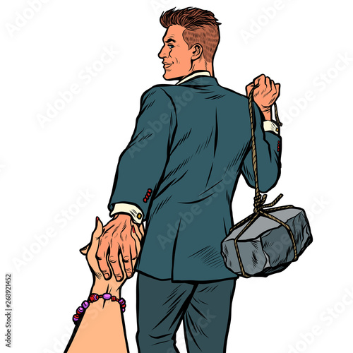 follow me businessman with a stone isolate on white background