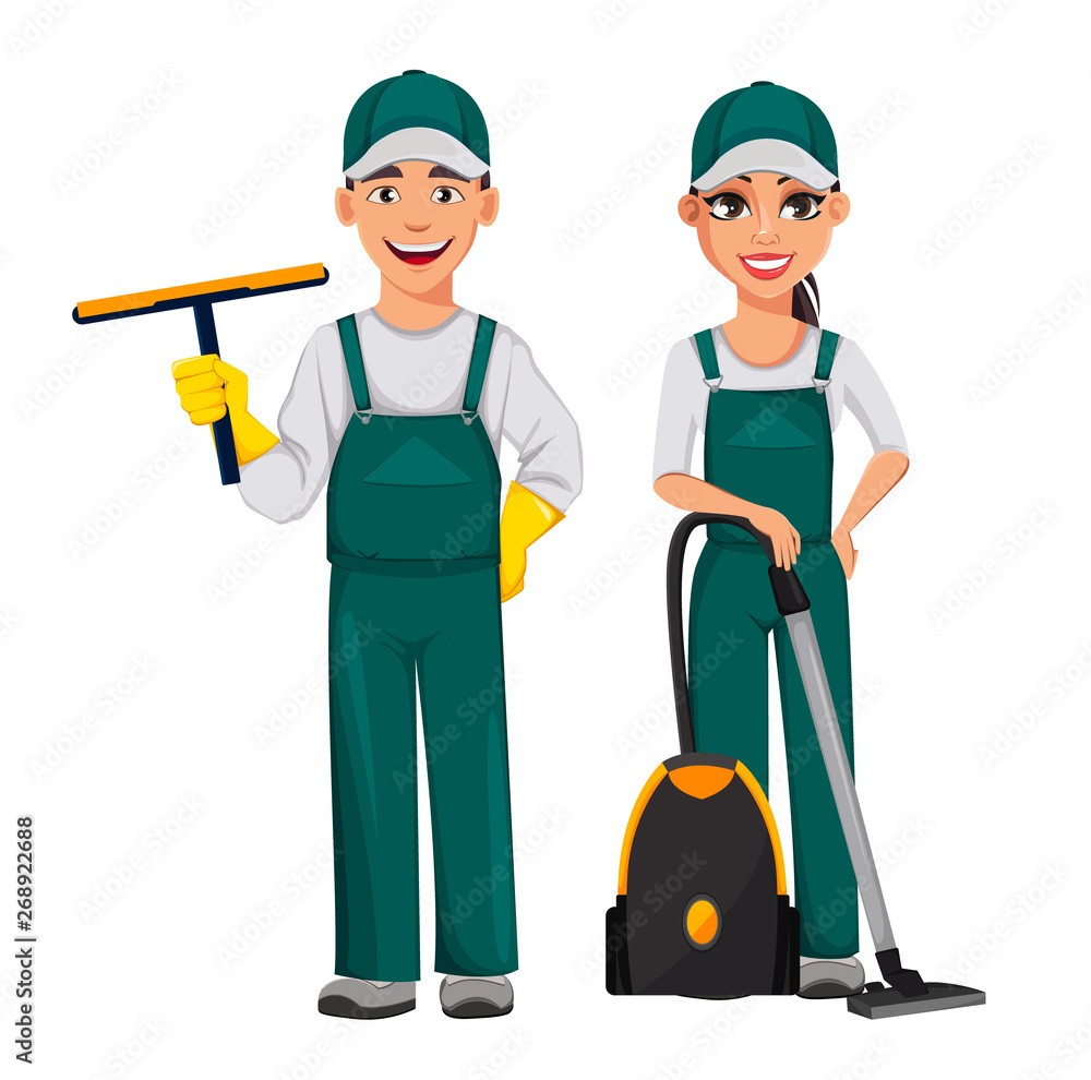 Cleaning service concept. Cheerful cartoon character Cleaning service concept. Cheerful cartoon character