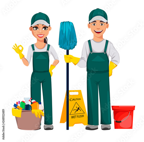 Cleaning service concept. Cheerful cartoon character