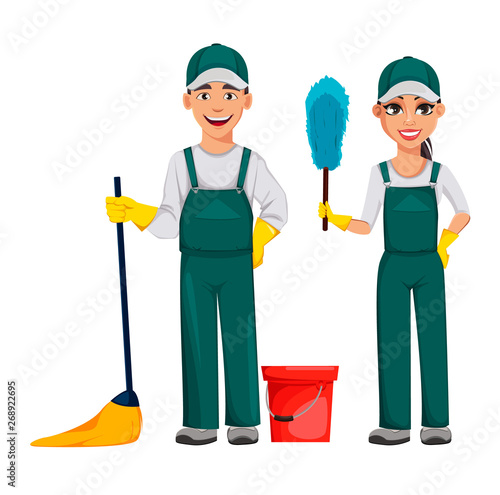 Cleaning service concept. Cheerful cartoon character