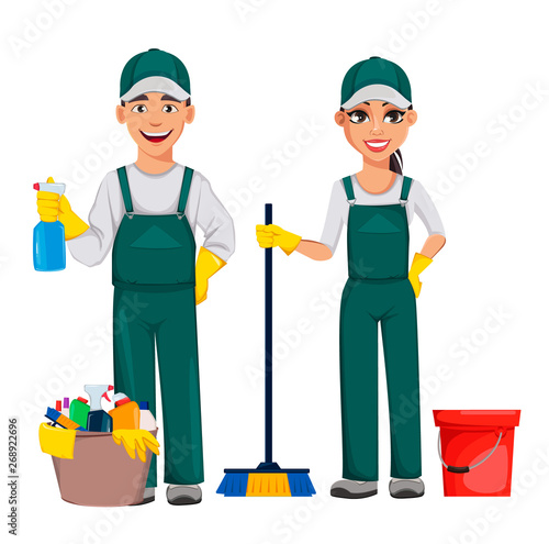 Cleaning service concept. Cheerful cartoon character