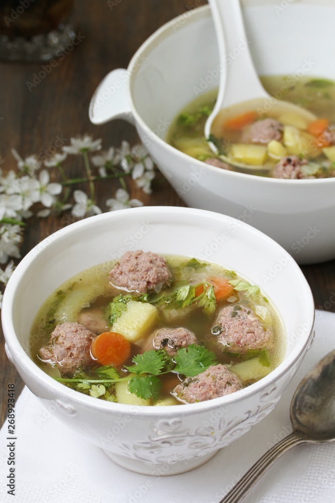 soup with meatballs in a white bowl. light soup with pork meatballs. soup with meatballs in a white bowl. light soup with pork meatballs.