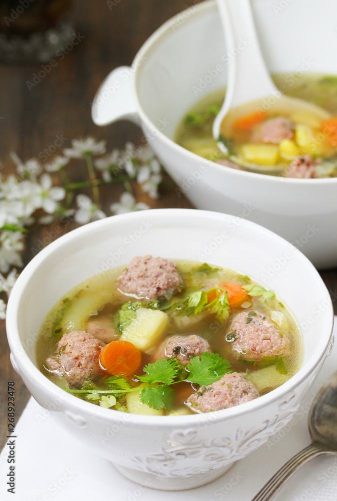 soup with meatballs in a white bowl. light soup with pork meatballs. soup with meatballs in a white bowl. light soup with pork meatballs.