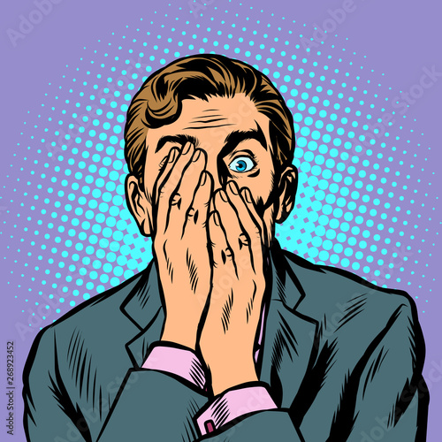 surprised man businessman covered his face with his hands