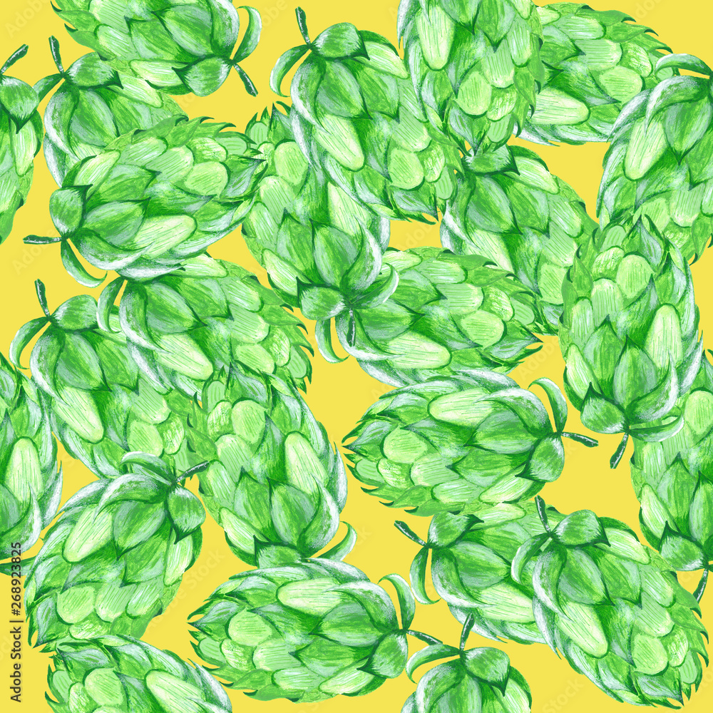 Hop cones on yellow background, seamless pattern, acrylic drawn Hop cones on yellow background, seamless pattern, acrylic drawn