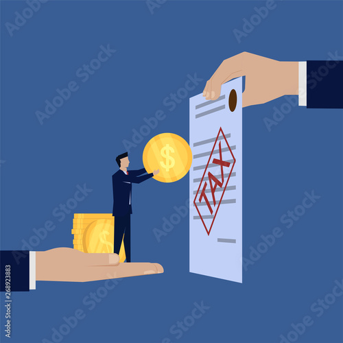 Businessman pay tax give coin hand hold paper