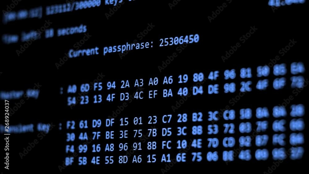 Computer Hacking, hacking bruteforce password attack via Wi-Fi network, Columns Of Hexadecimal Numbers Scrolling On Computer Screen, 4K, Uhd, Key found! dark screen Computer Hacking, hacking bruteforce password attack via Wi-Fi network, Columns Of Hexadecimal Numbers Scrolling On Computer Screen, 4K, Uhd, Key found! dark screen