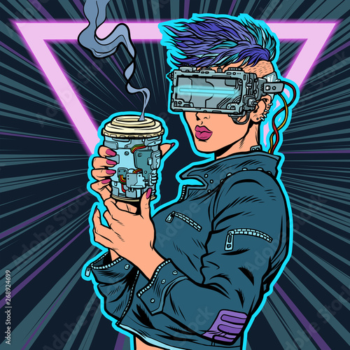 cyberwoman drinks drink. virtual reality glasses