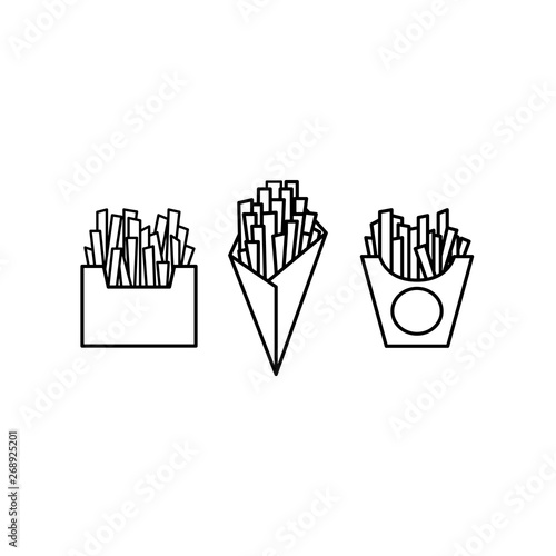 Black and white french fries icon  set. Potatoes fast food logo.