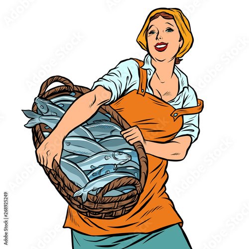 woman fisherman with a basket of fish. oceanic herring and cod