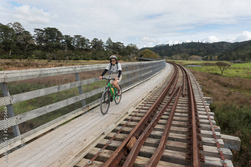 Female cyclist riding across a wooden viaduct shared with the railway. Twin Coast Cycle Trail, Pou Herenga Tai, Northland, New Zealand.