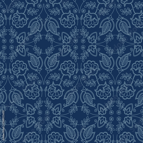 Floral leaf damask motif sashiko style. Japanese needlework seamless vector pattern. Hand stitch indigo blue lace textile print. Classic japan decor, asian fusion embroidery. Kimono quilt template. photo