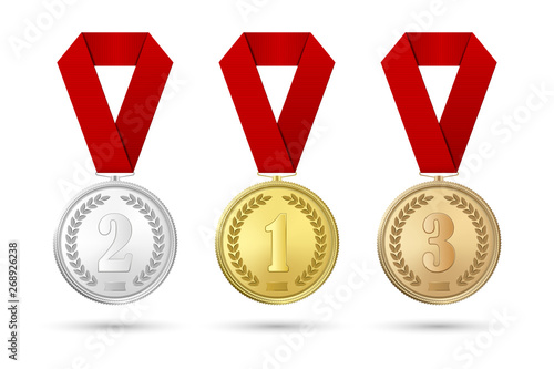 Vector 3d Realistic Gold, Silver and Bronze Award Medal Icon Set with Color Ribbons Closeup Isolated on White Background. The First, Second, Third Place, Prizes. Sport Tournament, Victory Concept