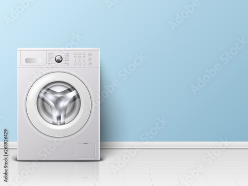 Vector Background with 3d Realistic Modern White Steel Washing Machine Closeup. Background. Design Template of Wacher. Front View, Laundry Concept