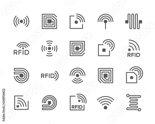 Set of RFID Chip Line Icons. Antenna, Circuit, Tag, Wire, Wireless and more.