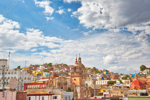 Panoramic view of Guanajuato historic center with typical colorful architecture and cobblestone narrow streets