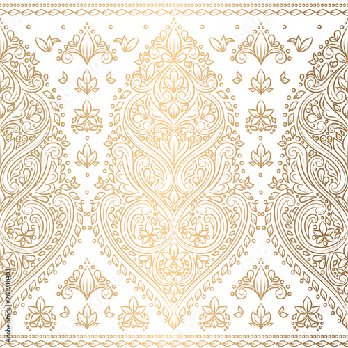 Gold and white floral seamless pattern. Vintage vector, luxury elements. Great for fabric, invitation, flyer, menu, brochure, background, wallpaper, decoration, packaging or any desired idea.