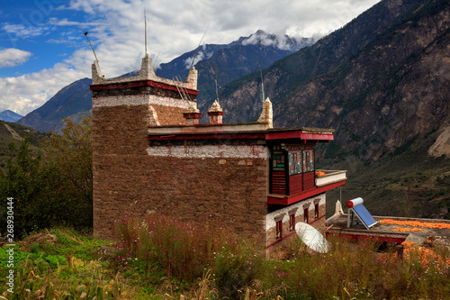 Danba County, Sichuan Province China. Zhonglu Township, Architectural Style of Jiuaju Ancient Tibetan Village. Traditional Tibetan buildings, Suopo towers, beautiful Chinese countryside. Wild West photo