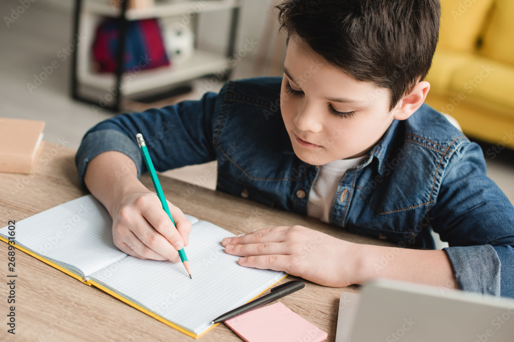 cute attentive boy writing in notebook while sitting at desk and doing homework cute attentive boy writing in notebook while sitting at desk and doing homework