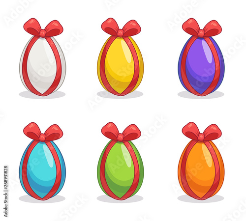 Color egg shaped gifts with red bows.