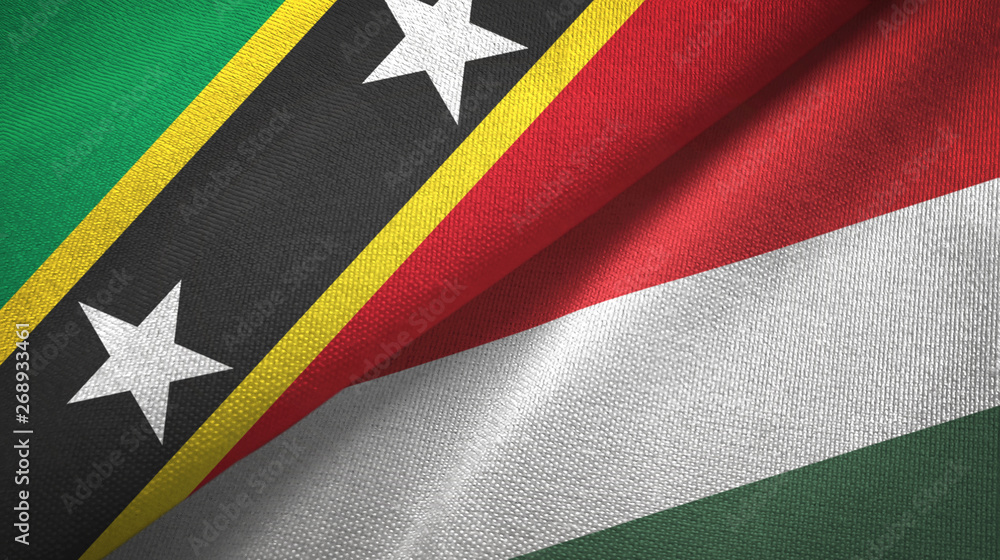 Saint Kitts and Nevis and Hungary two flags textile cloth, fabric texture Saint Kitts and Nevis and Hungary two flags textile cloth, fabric texture