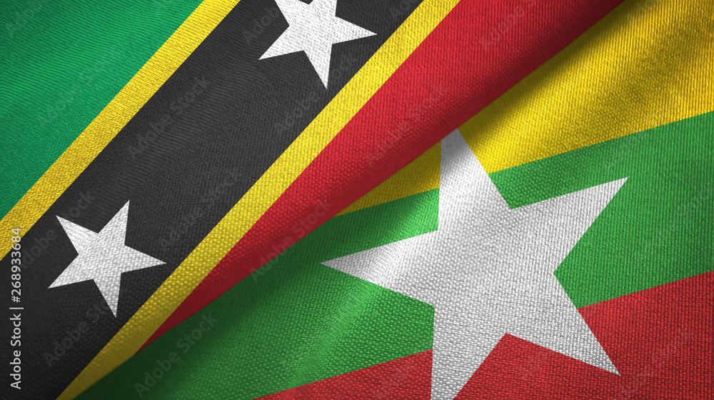 Saint Kitts and Nevis and Myanmar two flags textile cloth, fabric texture Saint Kitts and Nevis and Myanmar two flags textile cloth, fabric texture